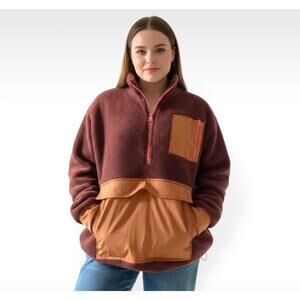 Aerie Offline Sherpa Nylon Quarter Zip Pullover Jacket | Maroon/Orange | Large